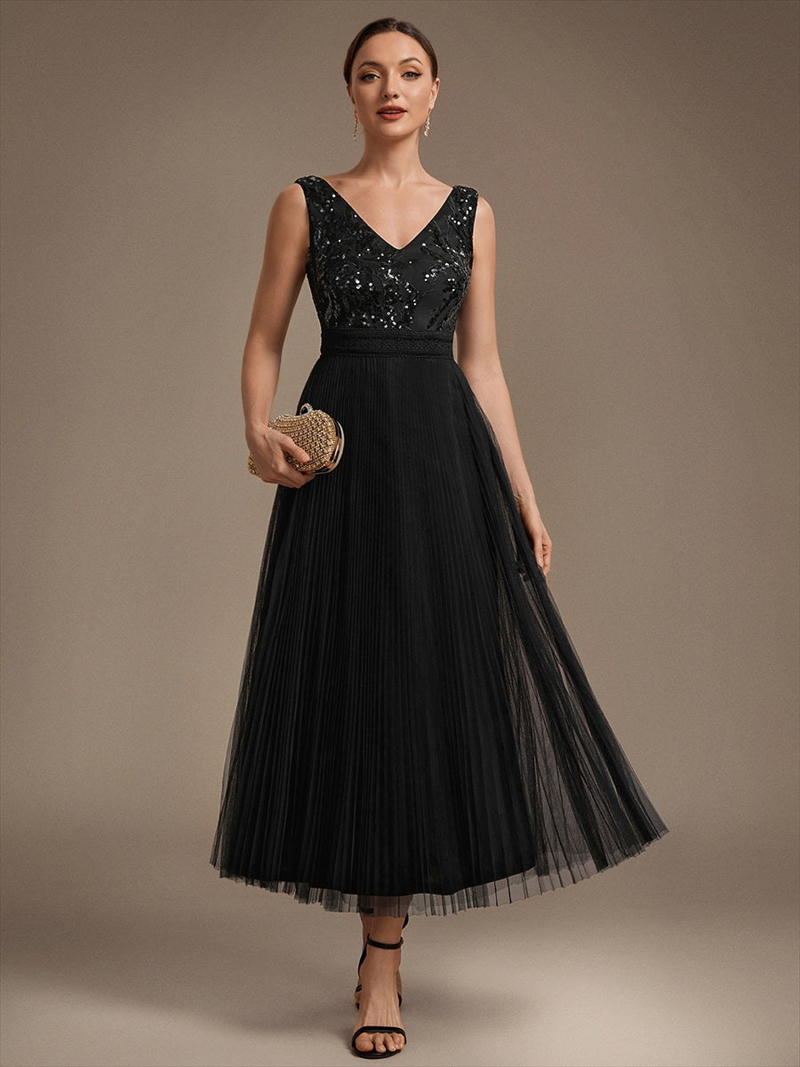 Maxilänge V-Ausschnitt A-Linien Kleid Aus Tüll Mit Pailletten Elegantes Abendkleid #Farbe_Schwarz
