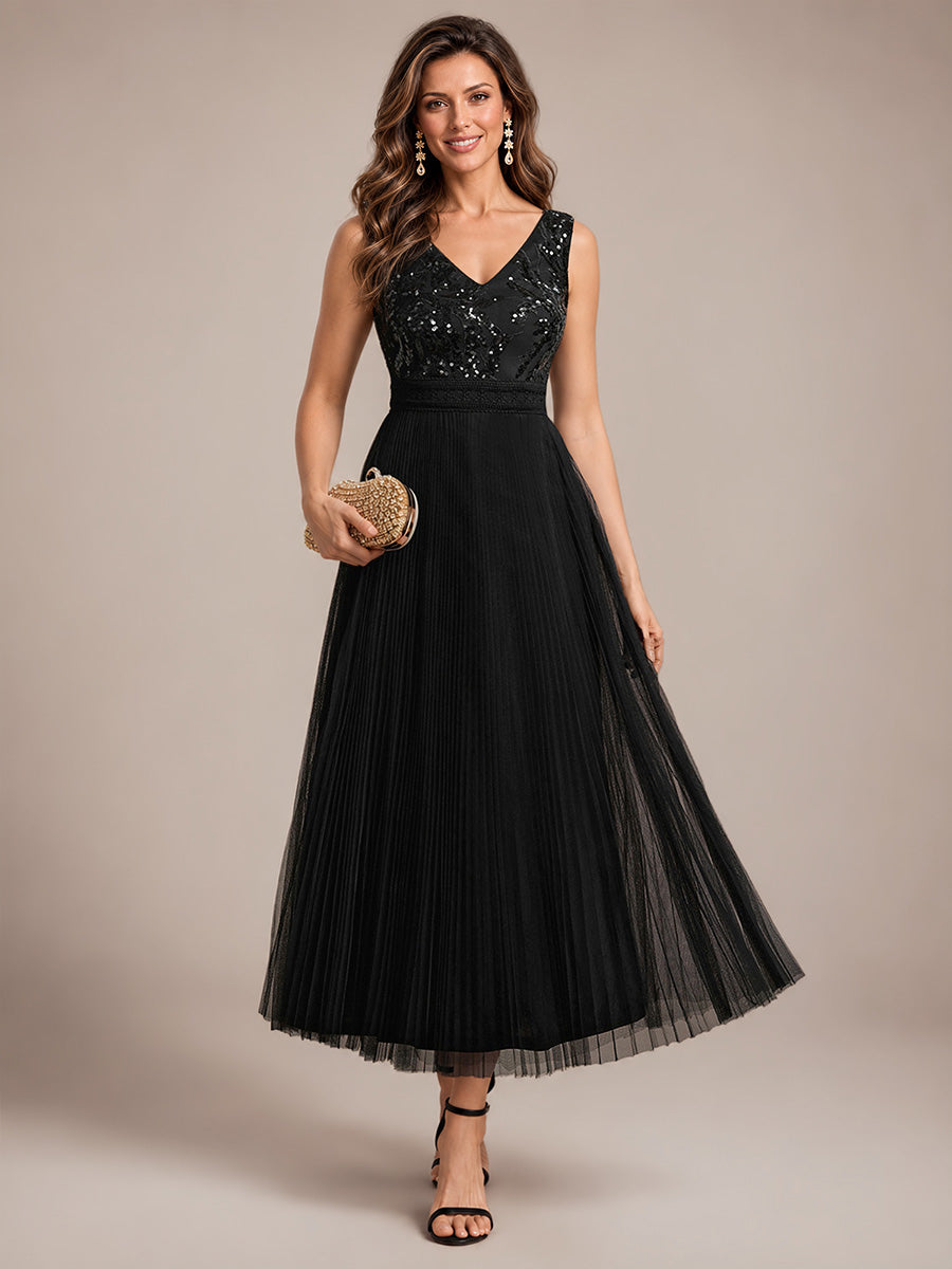 Maxilänge V-Ausschnitt A-Linien Kleid Aus Tüll Mit Pailletten Elegantes Abendkleid #Farbe_Schwarz