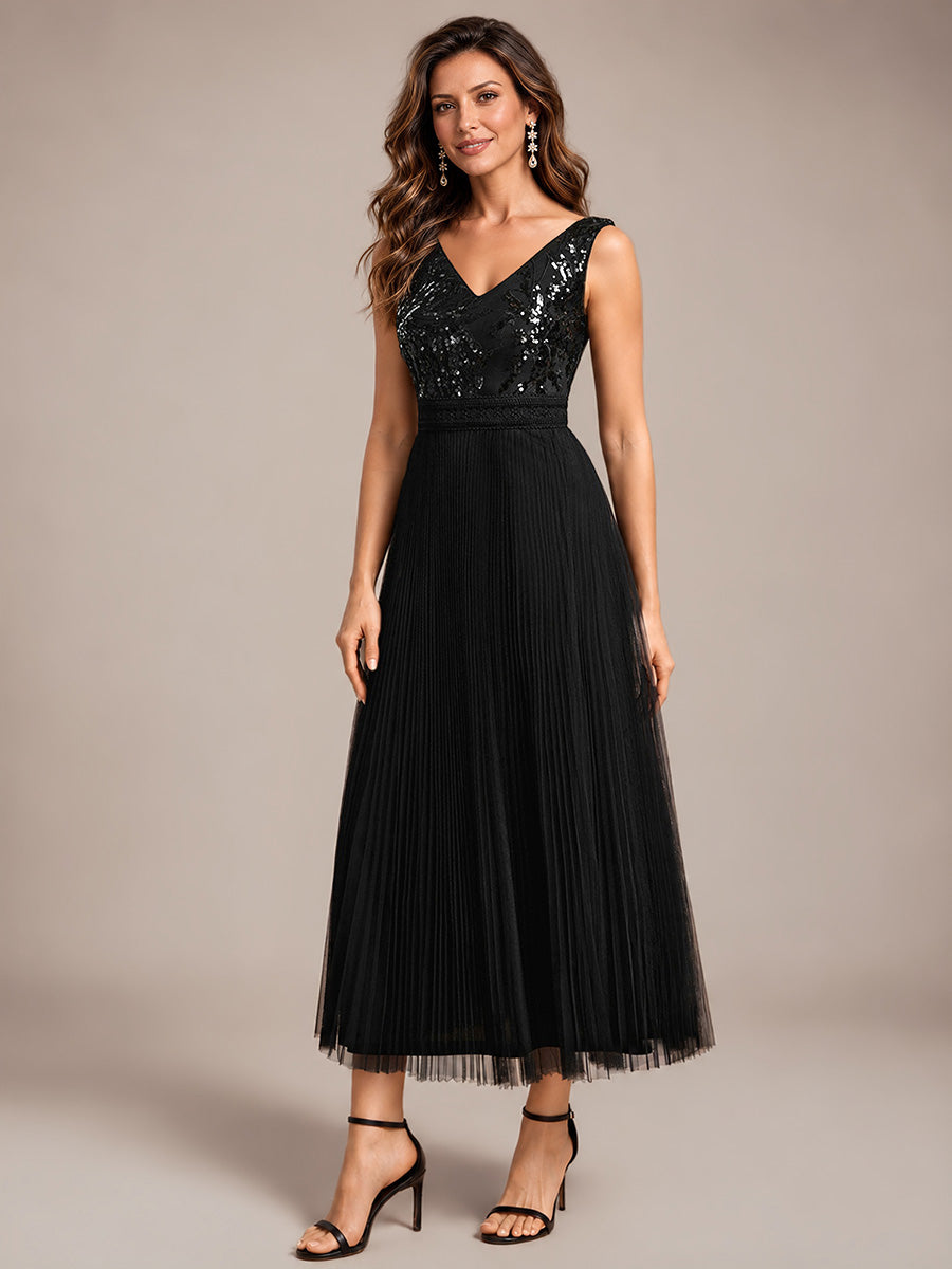 Maxilänge V-Ausschnitt A-Linien Kleid Aus Tüll Mit Pailletten Elegantes Abendkleid #Farbe_Schwarz