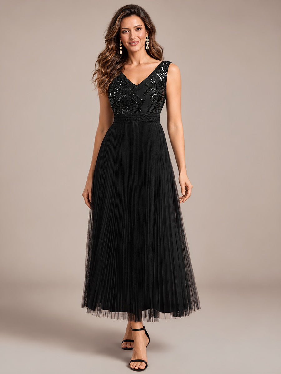 Maxilänge V-Ausschnitt A-Linien Kleid Aus Tüll Mit Pailletten Elegantes Abendkleid #Farbe_Schwarz