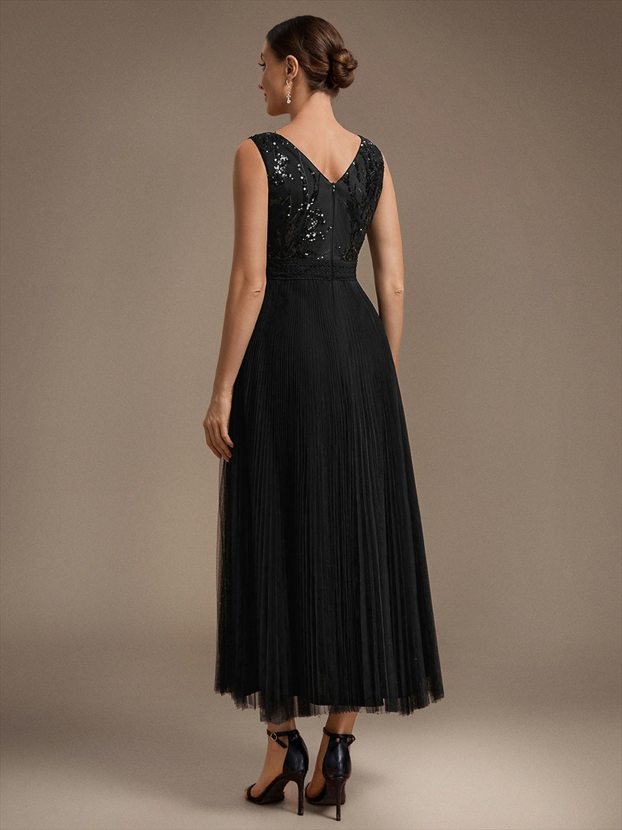 Maxilänge V-Ausschnitt A-Linien Kleid Aus Tüll Mit Pailletten Elegantes Abendkleid #Farbe_Schwarz