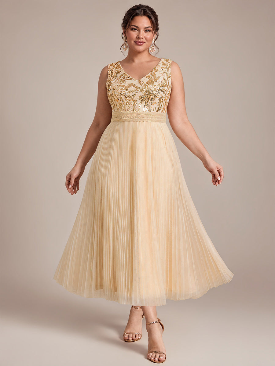 Maxilänge V-Ausschnitt A-Linien Kleid Aus Tüll Mit Pailletten Elegantes Abendkleid #Farbe_Gold