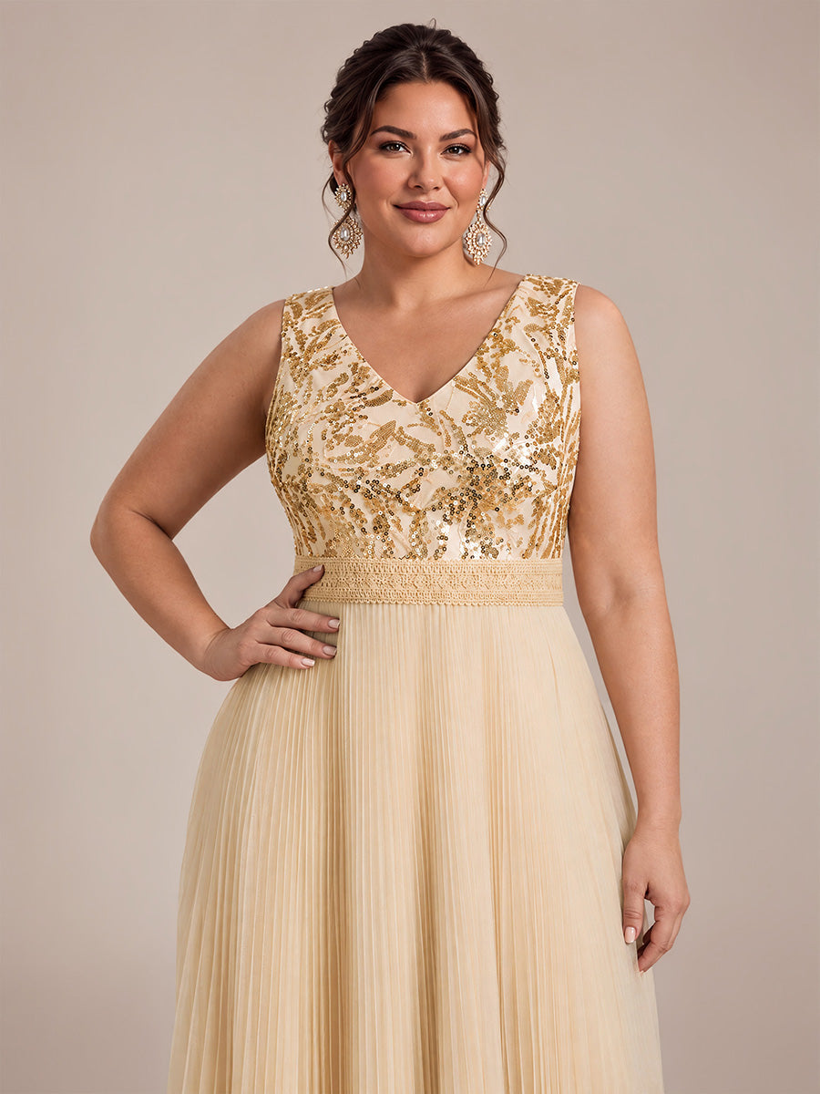Maxilänge V-Ausschnitt A-Linien Kleid Aus Tüll Mit Pailletten Elegantes Abendkleid #Farbe_Gold