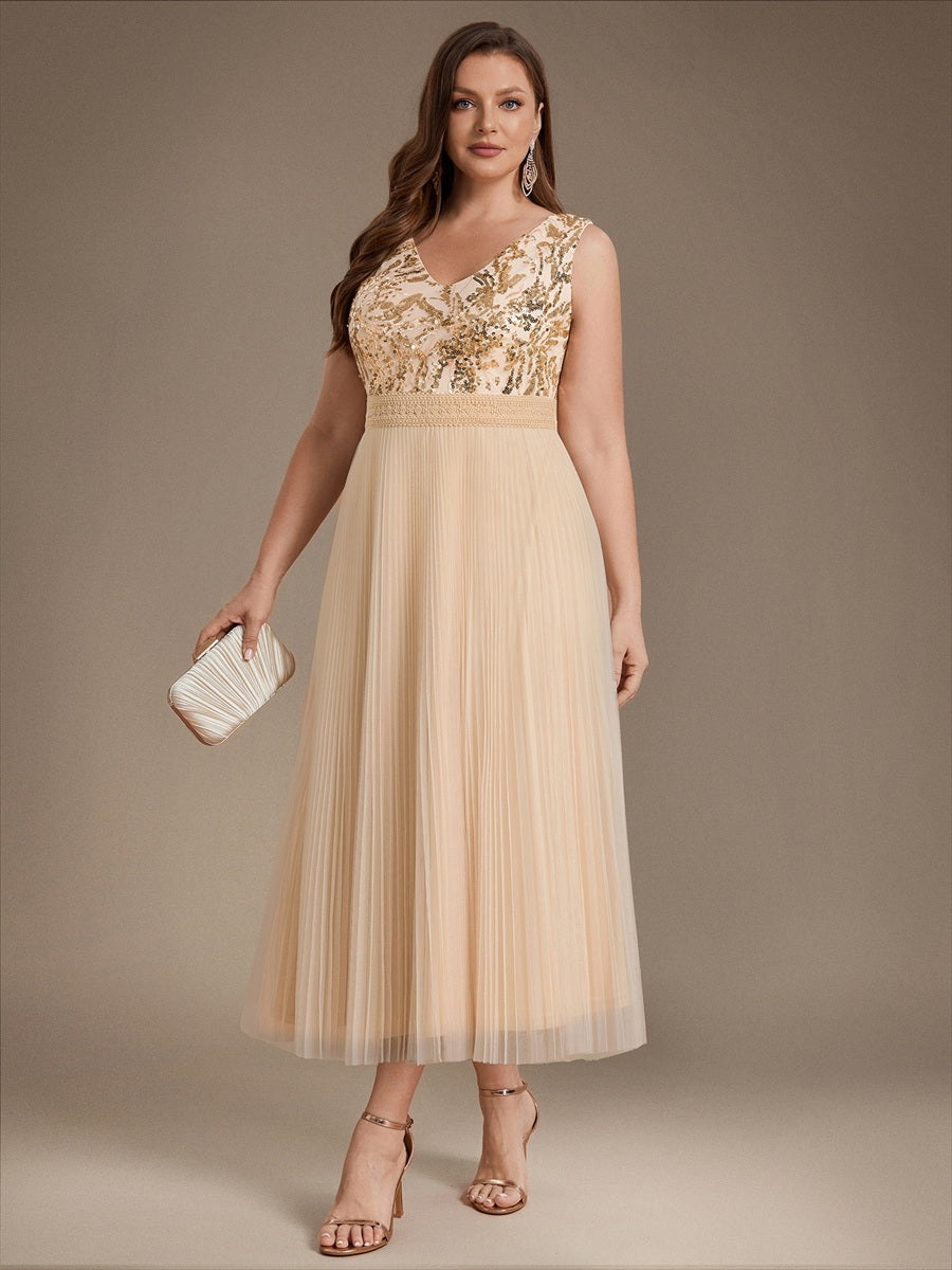 Maxilänge V-Ausschnitt A-Linien Kleid Aus Tüll Mit Pailletten Elegantes Abendkleid #Farbe_Gold