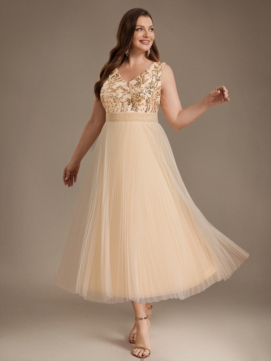 Maxilänge V-Ausschnitt A-Linien Kleid Aus Tüll Mit Pailletten Elegantes Abendkleid #Farbe_Gold