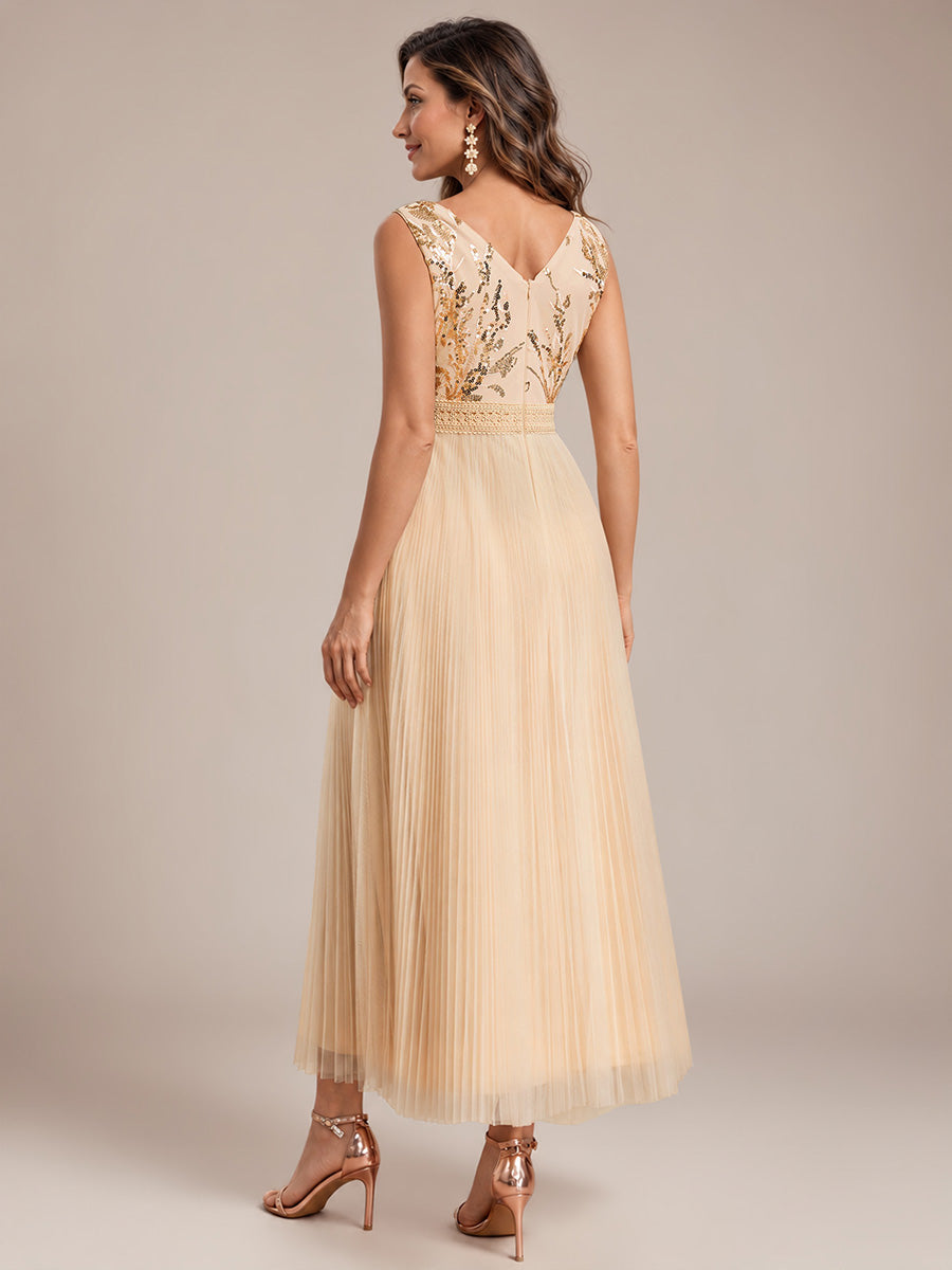 Maxilänge V-Ausschnitt A-Linien Kleid Aus Tüll Mit Pailletten Elegantes Abendkleid #Farbe_Gold