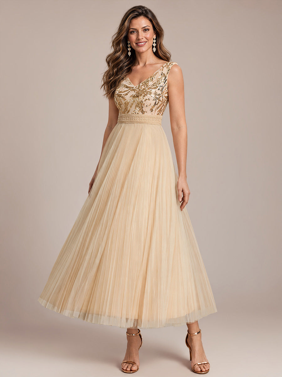 Maxilänge V-Ausschnitt A-Linien Kleid Aus Tüll Mit Pailletten Elegantes Abendkleid #Farbe_Gold