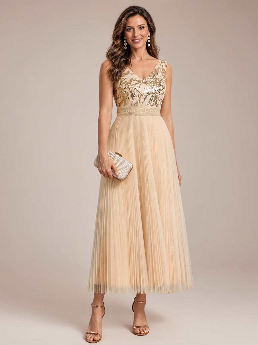Maxilänge V-Ausschnitt A-Linien Kleid Aus Tüll Mit Pailletten Elegantes Abendkleid #Farbe_Gold