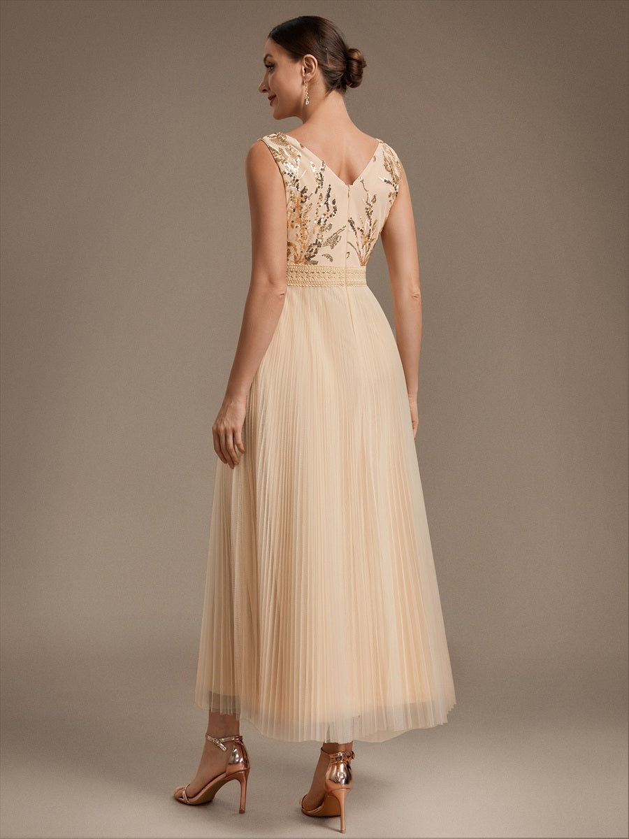 Maxilänge V-Ausschnitt A-Linien Kleid Aus Tüll Mit Pailletten Elegantes Abendkleid #Farbe_Gold