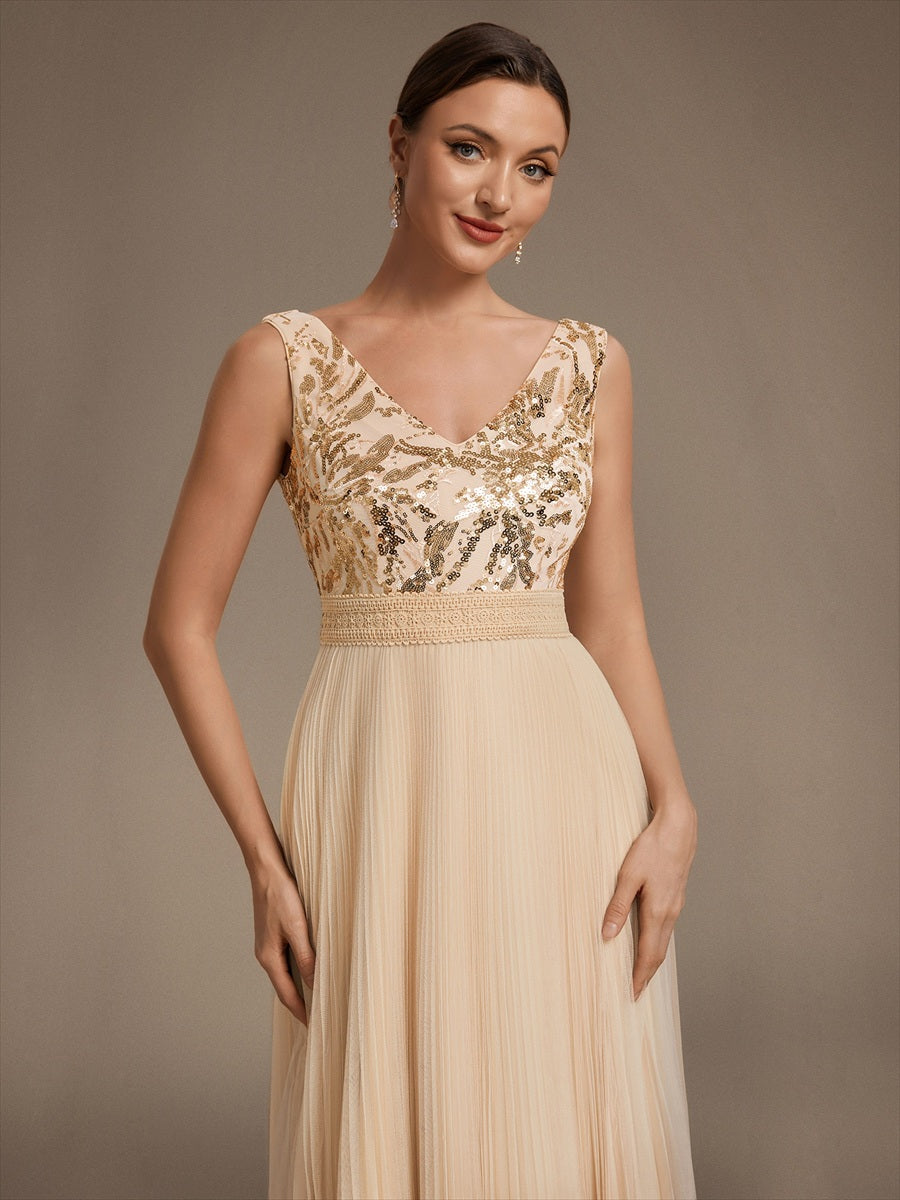 Maxilänge V-Ausschnitt A-Linien Kleid Aus Tüll Mit Pailletten Elegantes Abendkleid #Farbe_Gold
