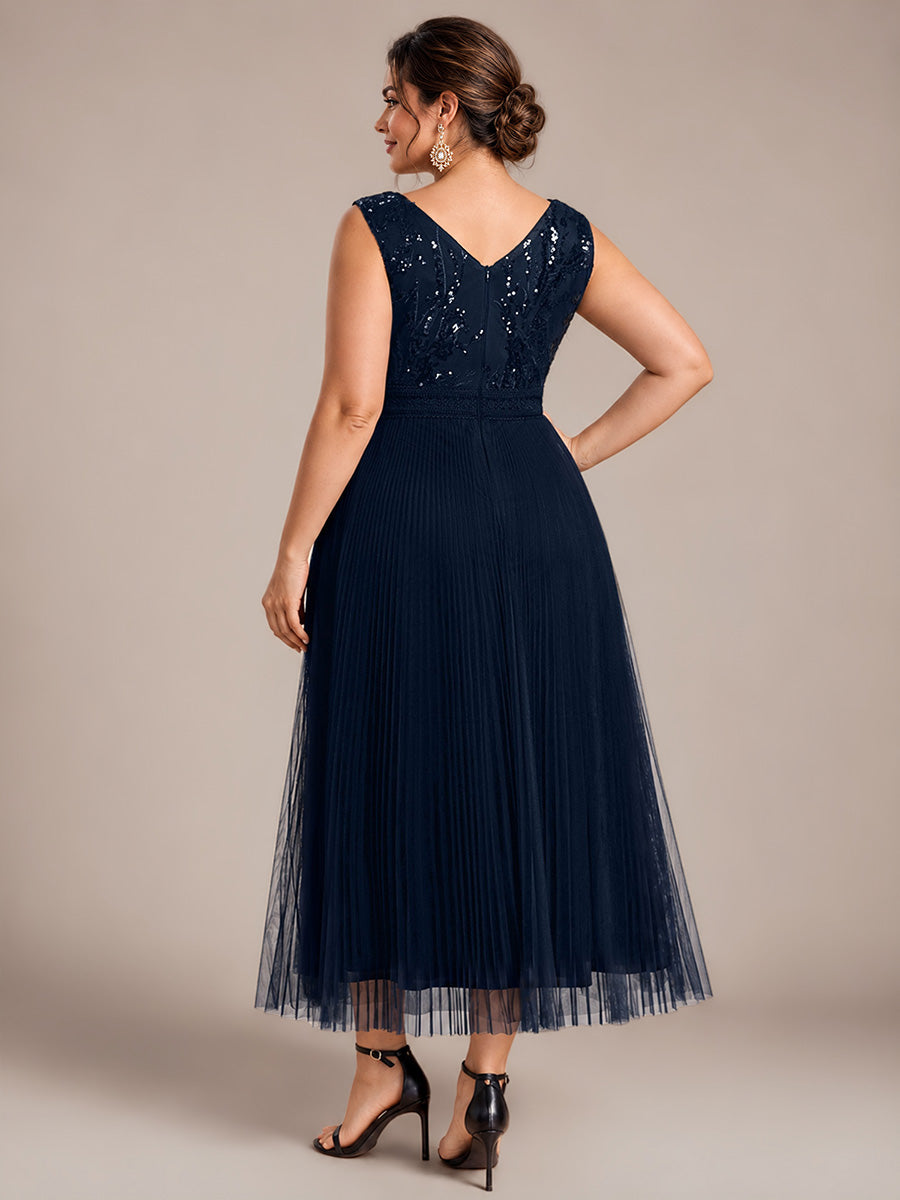 Maxilänge V-Ausschnitt A-Linien Kleid Aus Tüll Mit Pailletten Elegantes Abendkleid #Farbe_Marineblau