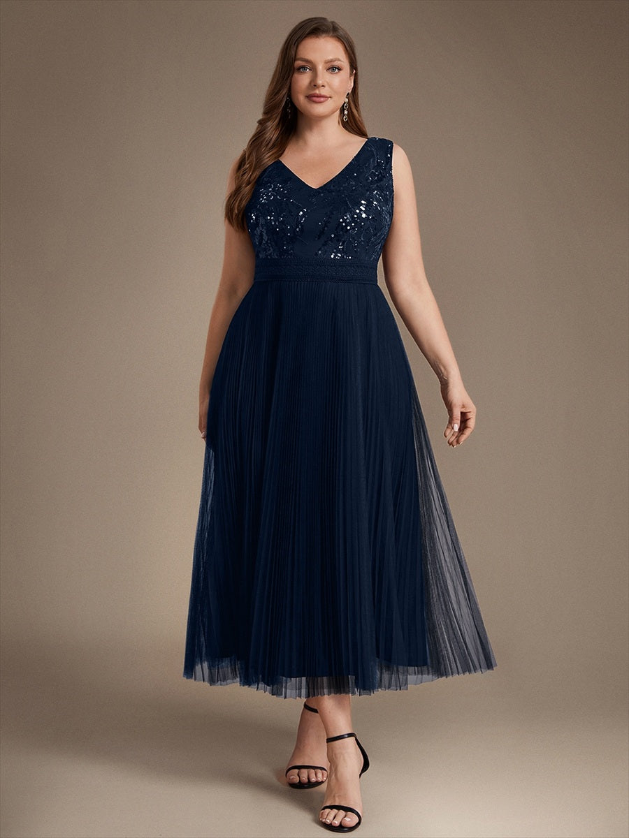 Maxilänge V-Ausschnitt A-Linien Kleid Aus Tüll Mit Pailletten Elegantes Abendkleid #Farbe_Marineblau