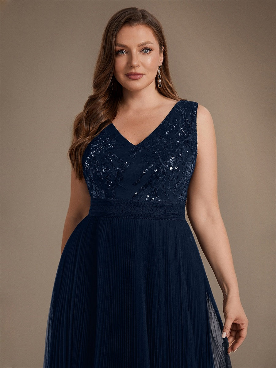 Maxilänge V-Ausschnitt A-Linien Kleid Aus Tüll Mit Pailletten Elegantes Abendkleid #Farbe_Marineblau