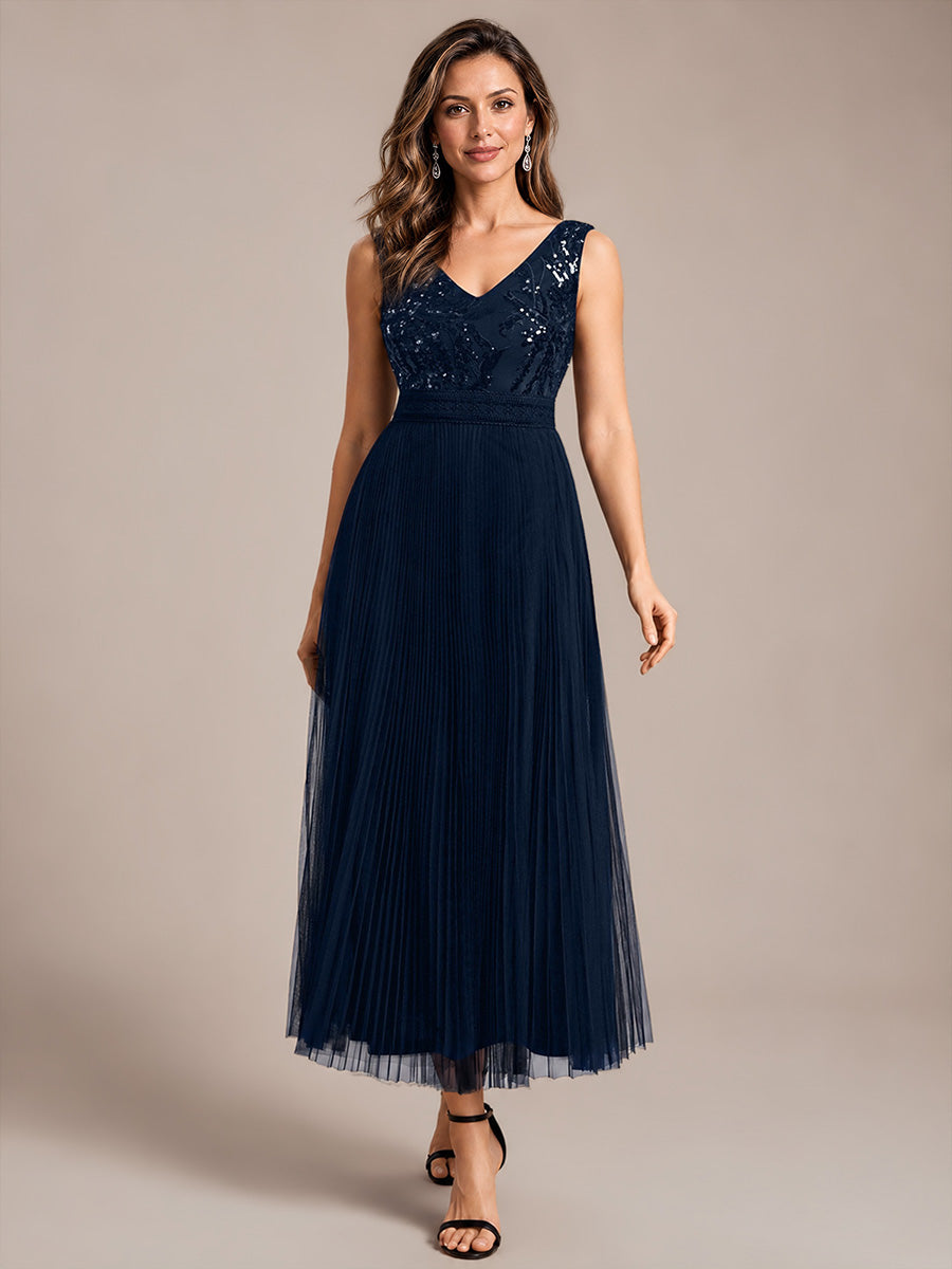 Maxilänge V-Ausschnitt A-Linien Kleid Aus Tüll Mit Pailletten Elegantes Abendkleid #Farbe_Marineblau