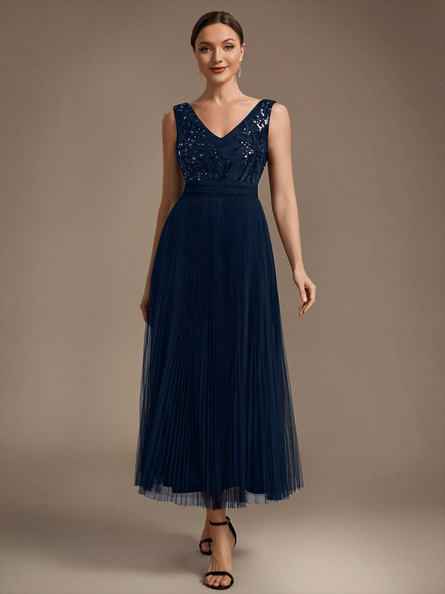 Maxilänge V-Ausschnitt A-Linien Kleid Aus Tüll Mit Pailletten Elegantes Abendkleid #Farbe_Marineblau