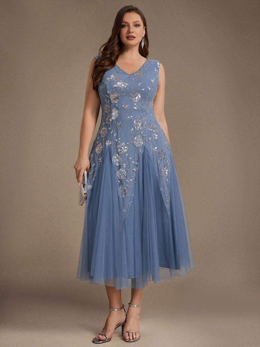 Ärmelloses Paillettenkleid mit Perlenstickerei und V-Ausschnitt hochzeitsgastkleid #Farbe_Taubenblau
