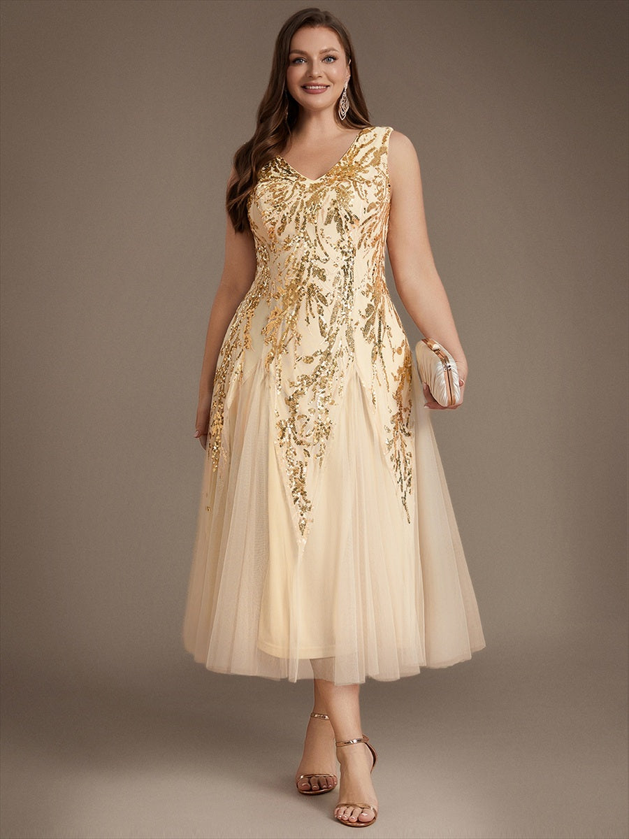 Paillettenkleid mit V-Ausschnitt und A-Linie für Hochzeitsgäste hochzeitsgastkleid #Farbe_Gold