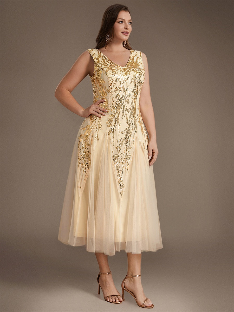 Paillettenkleid mit V-Ausschnitt und A-Linie für Hochzeitsgäste hochzeitsgastkleid #Farbe_Gold