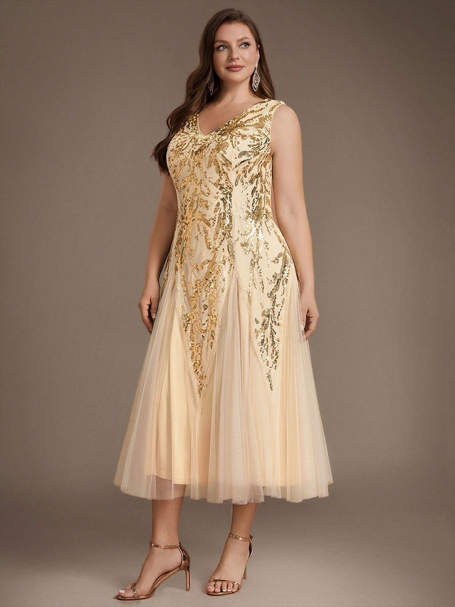 Paillettenkleid mit V-Ausschnitt und A-Linie für Hochzeitsgäste hochzeitsgastkleid #Farbe_Gold
