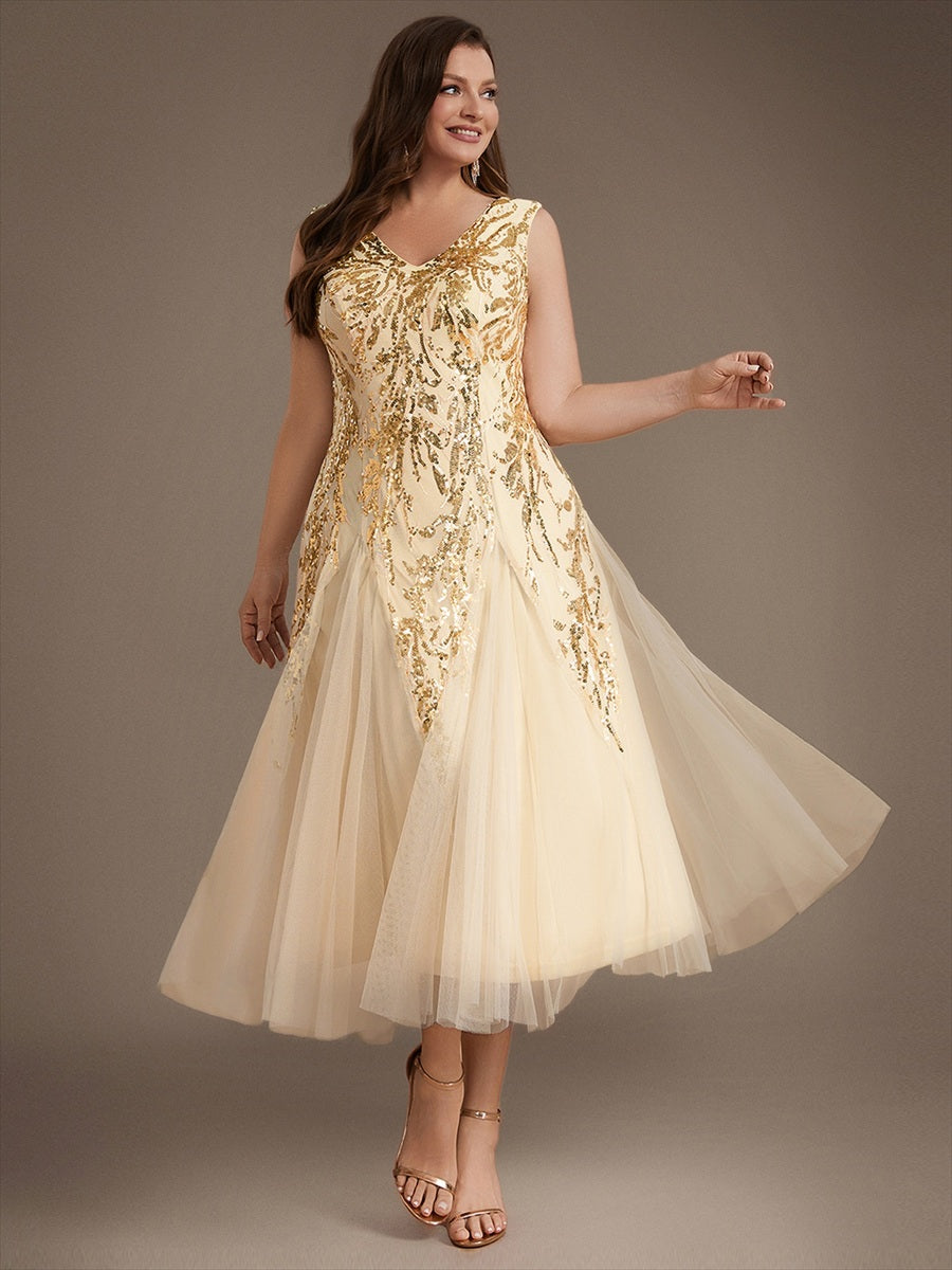 Paillettenkleid mit V-Ausschnitt und A-Linie für Hochzeitsgäste hochzeitsgastkleid #Farbe_Gold