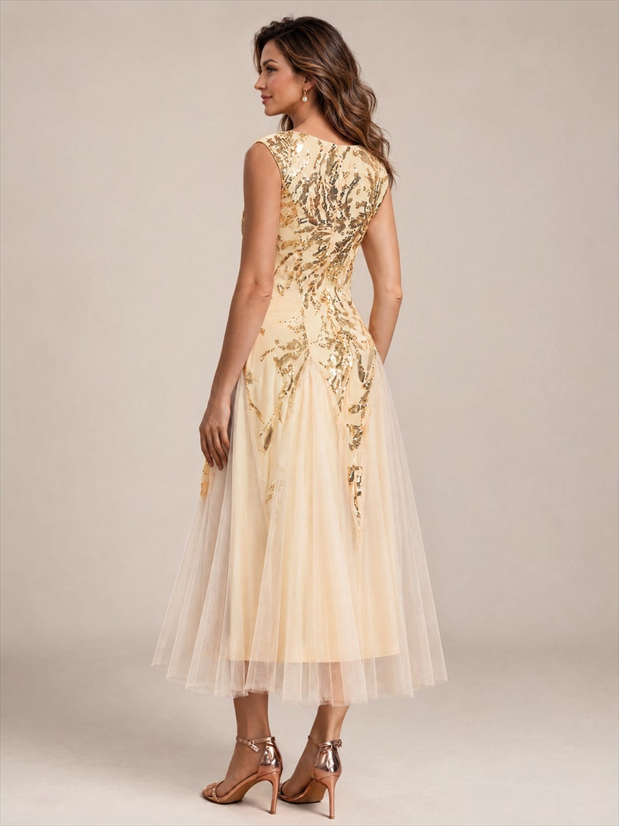 Paillettenkleid mit V-Ausschnitt und A-Linie für Hochzeitsgäste hochzeitsgastkleid #Farbe_Gold