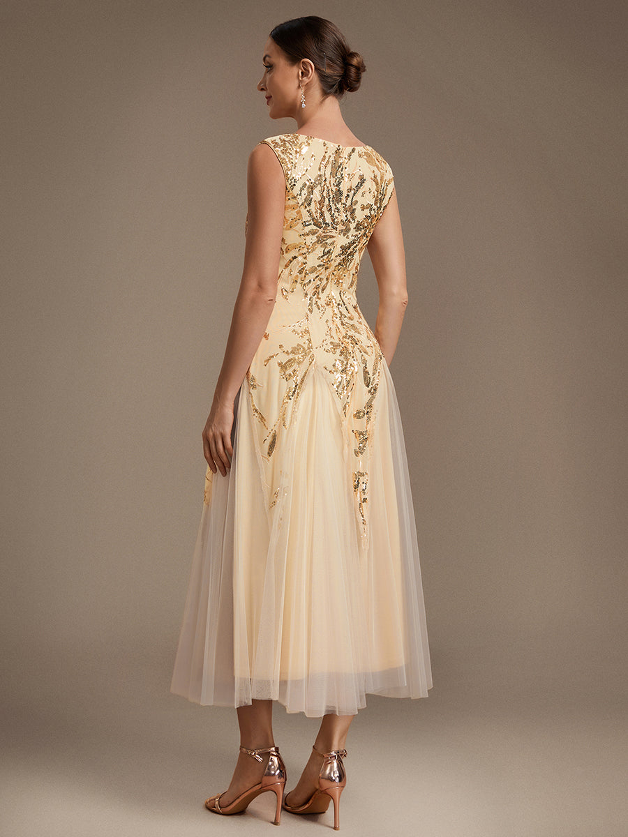 Paillettenkleid mit V-Ausschnitt und A-Linie für Hochzeitsgäste hochzeitsgastkleid #Farbe_Gold