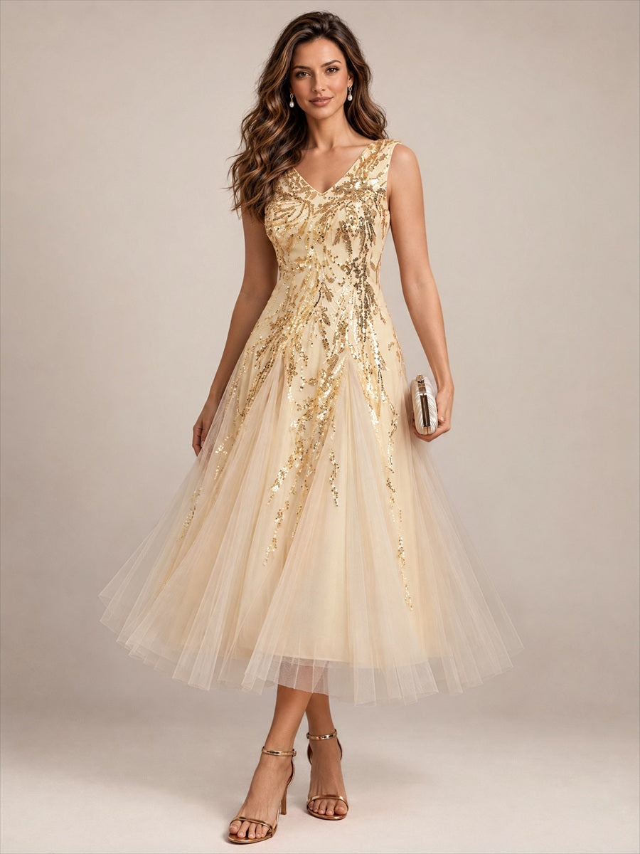 Paillettenkleid mit V-Ausschnitt und A-Linie für Hochzeitsgäste hochzeitsgastkleid #Farbe_Gold