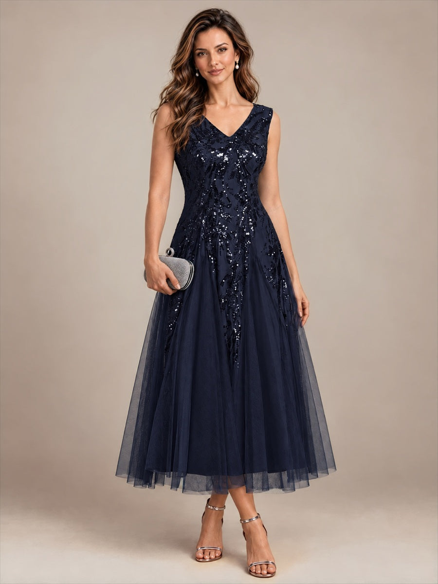 Paillettenkleid mit V-Ausschnitt und A-Linie für Hochzeitsgäste hochzeitsgastkleid #Farbe_Marineblau