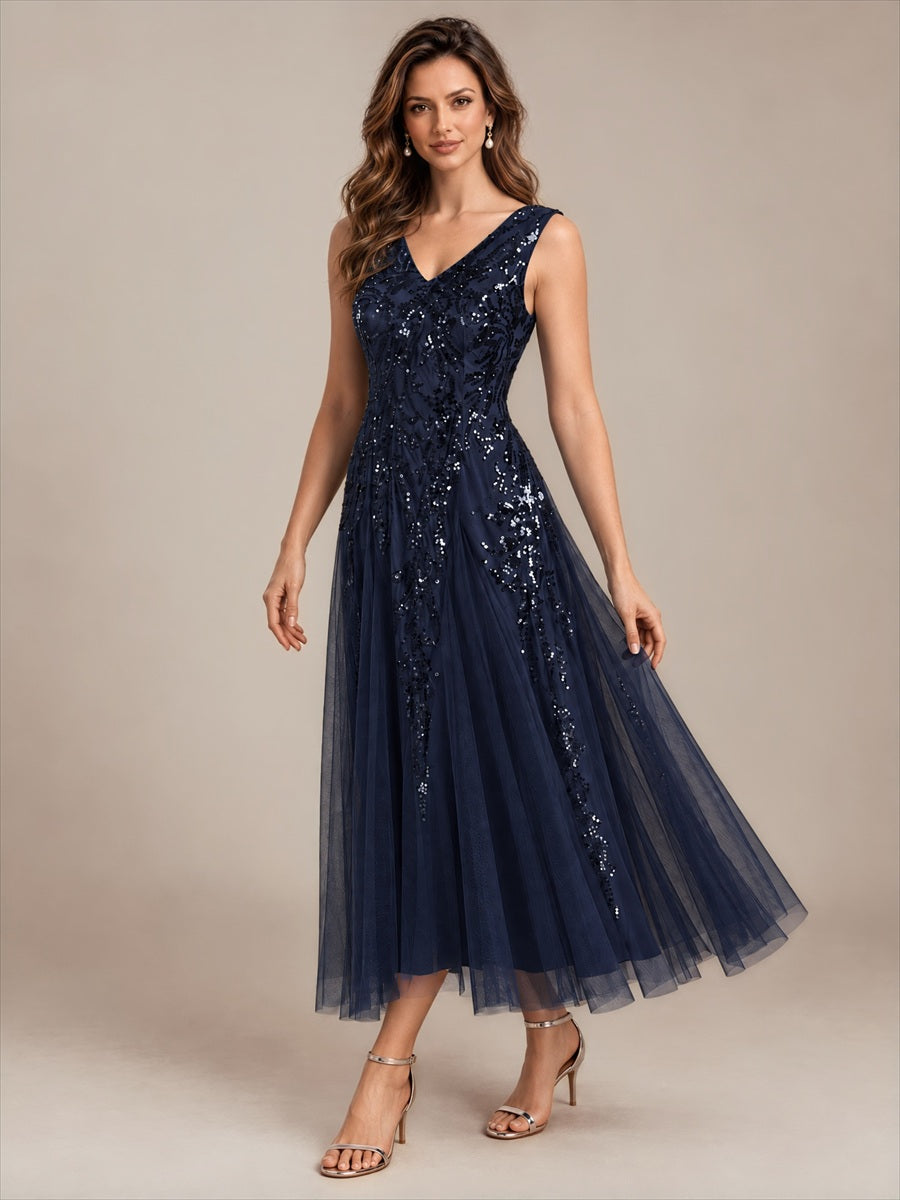 Paillettenkleid mit V-Ausschnitt und A-Linie für Hochzeitsgäste hochzeitsgastkleid #Farbe_Marineblau