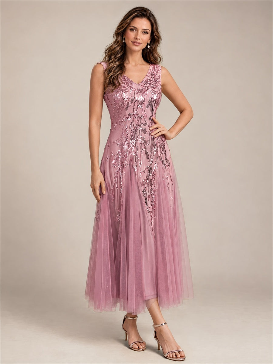 Paillettenkleid mit V-Ausschnitt und A-Linie für Hochzeitsgäste hochzeitsgastkleid #Farbe_Orchideenviolett