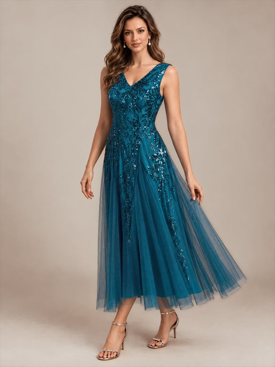 Paillettenkleid mit V-Ausschnitt und A-Linie für Hochzeitsgäste hochzeitsgastkleid #Farbe_Petrol