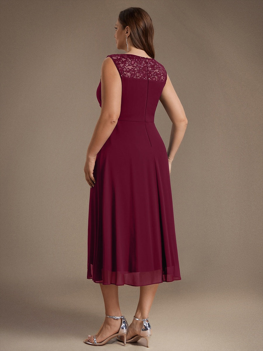 Chiffon mit A-Linie, Ärmellos, und hochzeitsgastkleid #Farbe_Burgunderrot