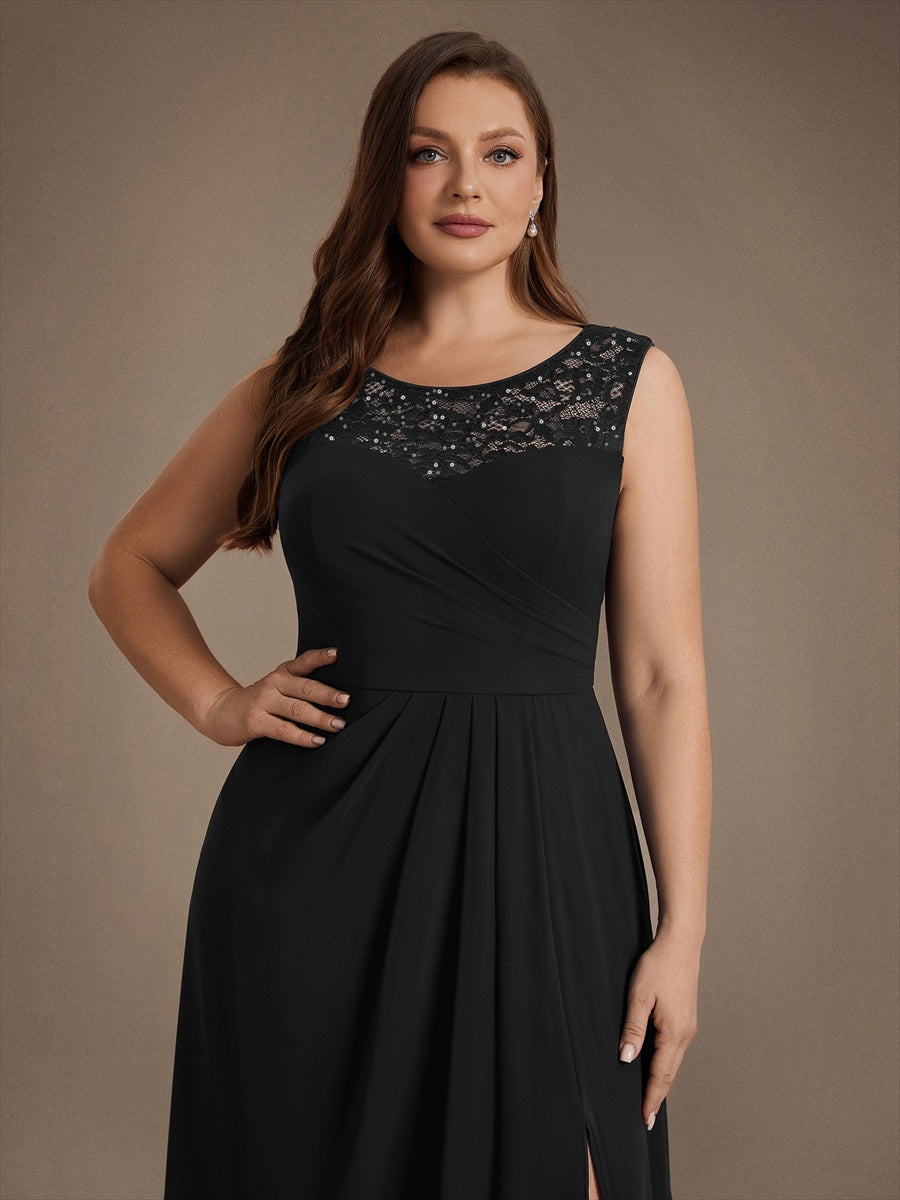 Chiffon mit A-Linie, Ärmellos, und hochzeitsgastkleid #Farbe_Schwarz
