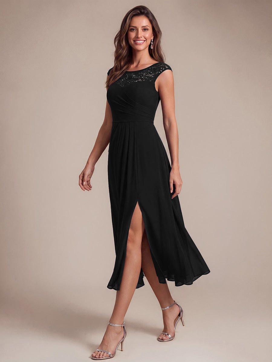 Chiffon mit A-Linie, Ärmellos, und hochzeitsgastkleid #Farbe_Schwarz