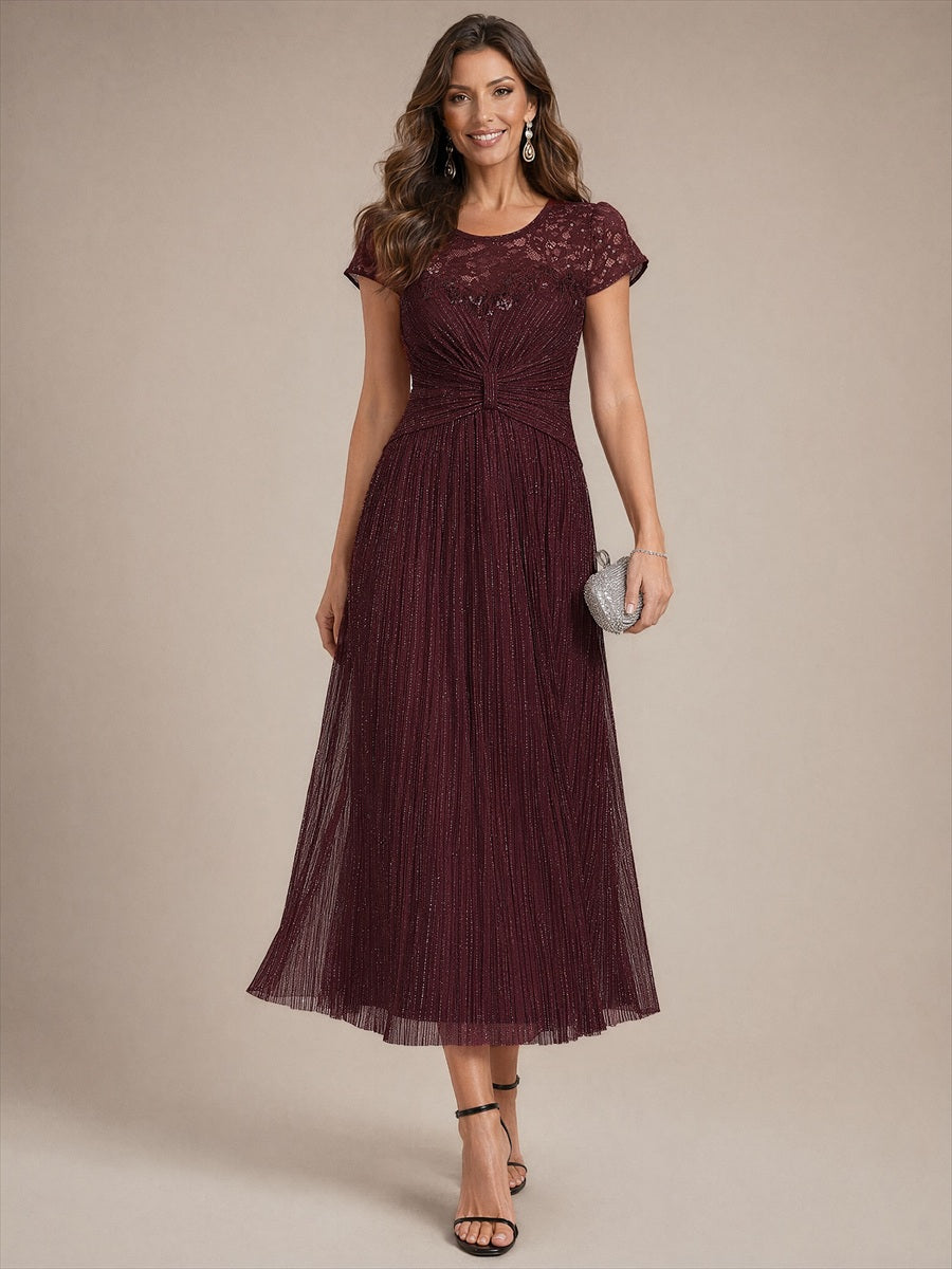 Midi Tee Länge A Linie Kleid Rund Ausschnitt Tüll Elegantes Design Besondere Anlässe #Farbe_Mahagonibraun