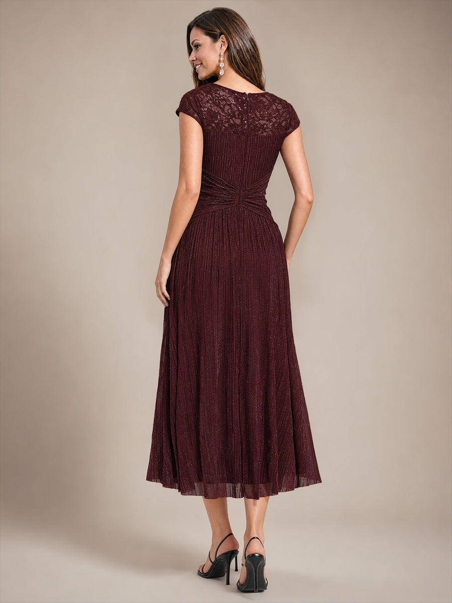 Midi Tee Länge A Linie Kleid Rund Ausschnitt Tüll Elegantes Design Besondere Anlässe #Farbe_Mahagonibraun