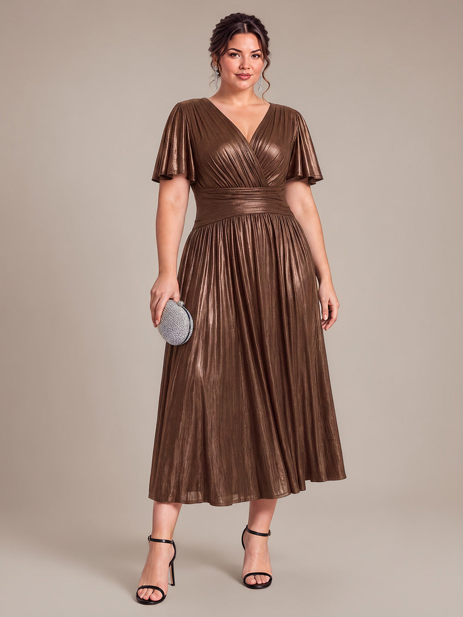 Tea Länge V Ausschnitt Netz Kleid Mit Fließendem Rock Perfekt Für Hochzeiten Und Besondere Anlässe Kleid #Farbe_Schokoladenbraun