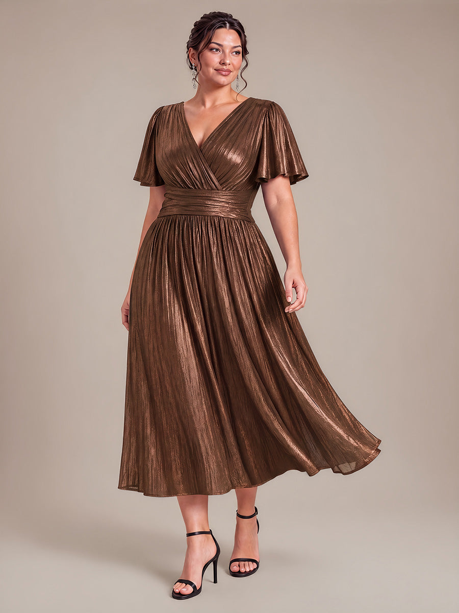 Tea Länge V Ausschnitt Netz Kleid Mit Fließendem Rock Perfekt Für Hochzeiten Und Besondere Anlässe Kleid #Farbe_Schokoladenbraun