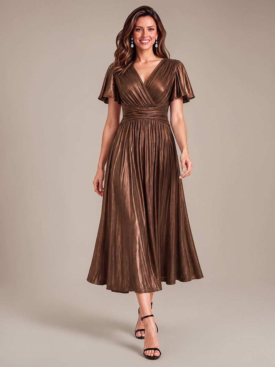 Tea Länge V Ausschnitt Netz Kleid Mit Fließendem Rock Perfekt Für Hochzeiten Und Besondere Anlässe Kleid #Farbe_Schokoladenbraun