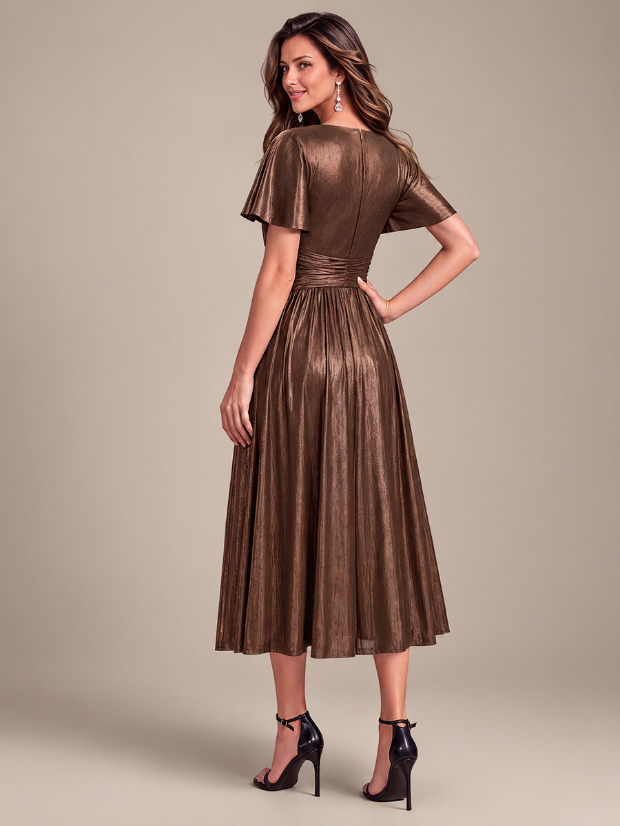 Tea Länge V Ausschnitt Netz Kleid Mit Fließendem Rock Perfekt Für Hochzeiten Und Besondere Anlässe Kleid #Farbe_Schokoladenbraun
