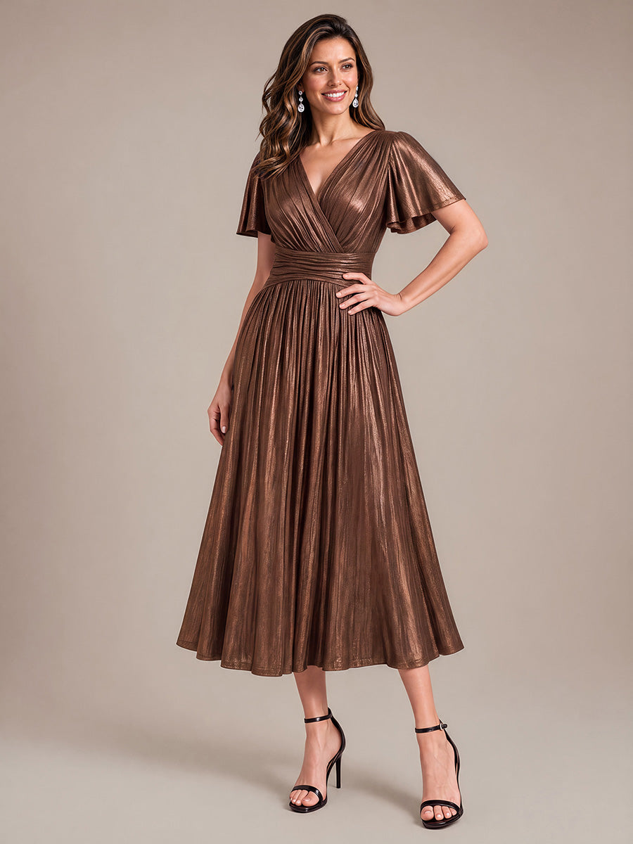 Tea Länge V Ausschnitt Netz Kleid Mit Fließendem Rock Perfekt Für Hochzeiten Und Besondere Anlässe Kleid #Farbe_Schokoladenbraun