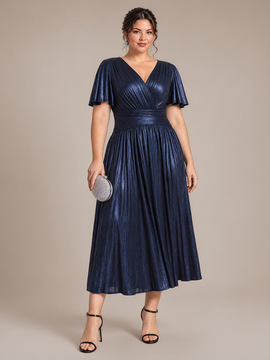 Tea Länge V Ausschnitt Netz Kleid Mit Fließendem Rock Perfekt Für Hochzeiten Und Besondere Anlässe Kleid #Farbe_Marineblau