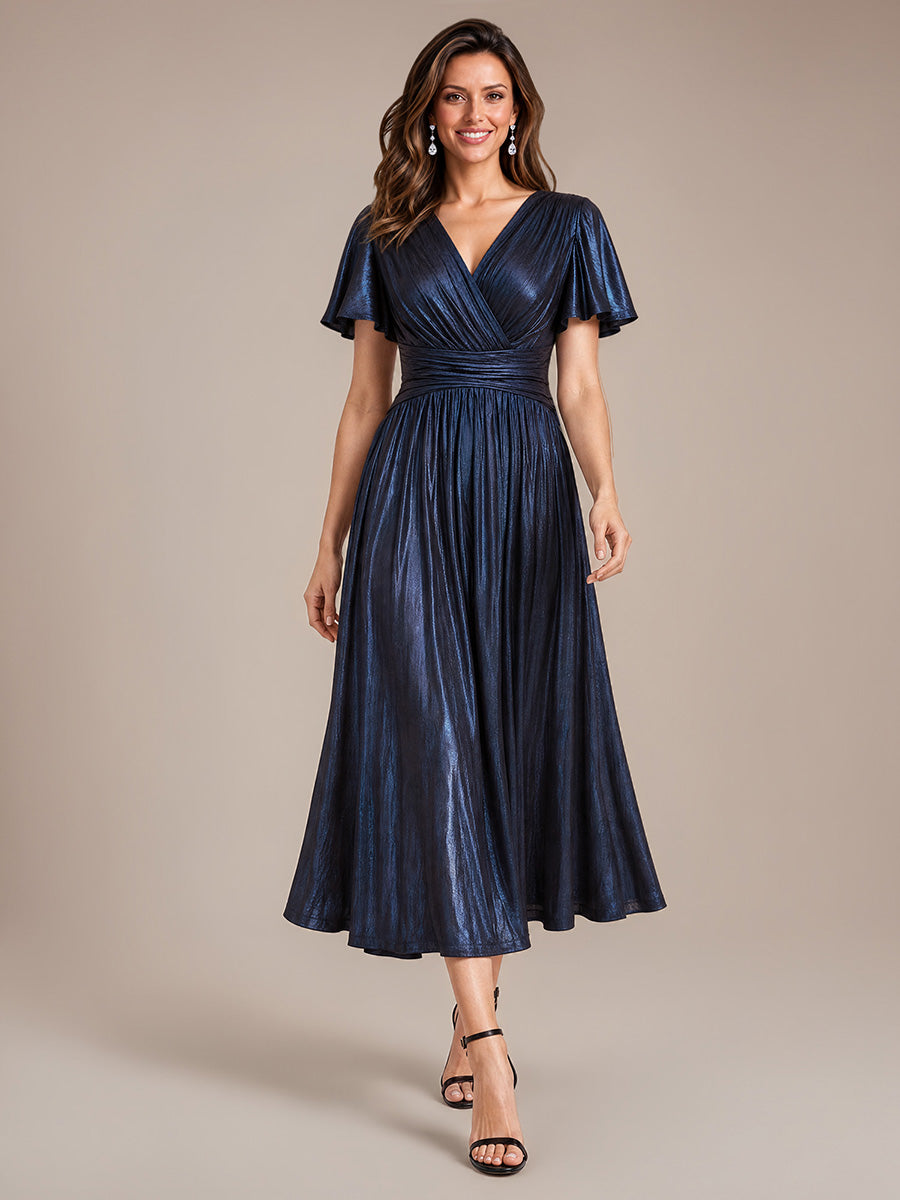 Tea Länge V Ausschnitt Netz Kleid Mit Fließendem Rock Perfekt Für Hochzeiten Und Besondere Anlässe Kleid #Farbe_Marineblau