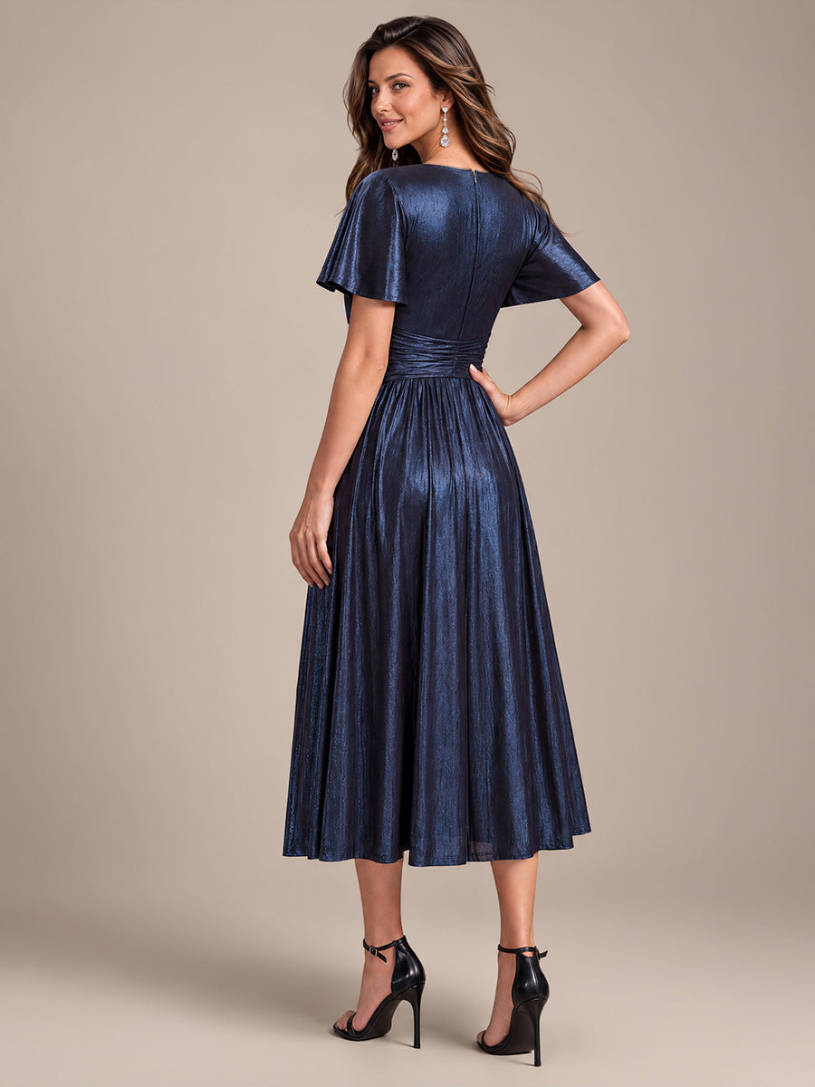 Tea Länge V Ausschnitt Netz Kleid Mit Fließendem Rock Perfekt Für Hochzeiten Und Besondere Anlässe Kleid #Farbe_Marineblau