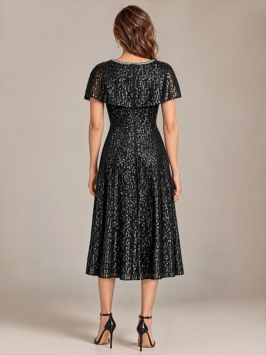Pailletten A-Linie Knöchellang Cape-Ärmel Hochzeitsgastkleid #Farbe_Schwarz
