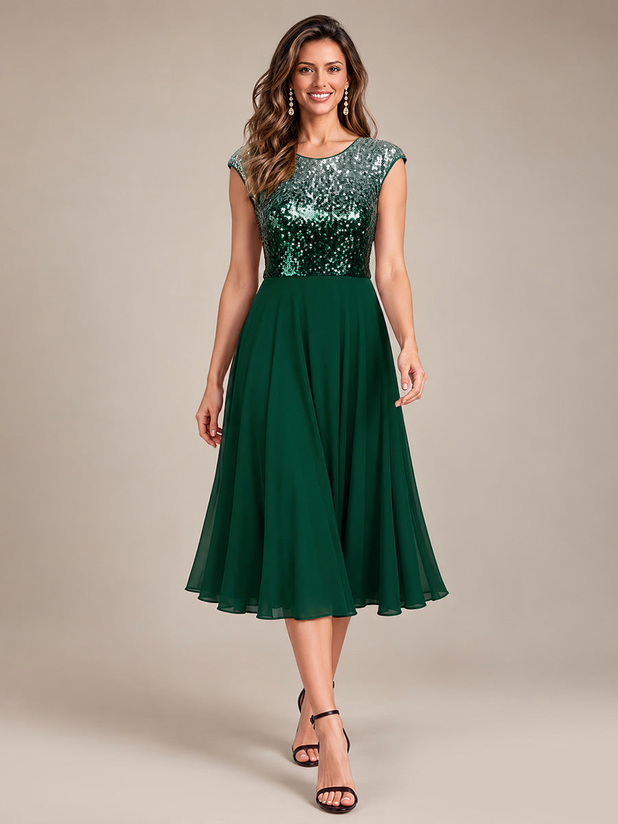 Pailletten A-Linie Cap-Ärmel Hochzeitsgastkleid #Farbe_Grün & Silber