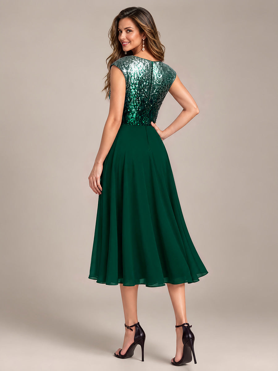 Pailletten A-Linie Cap-Ärmel Hochzeitsgastkleid #Farbe_Grün & Silber
