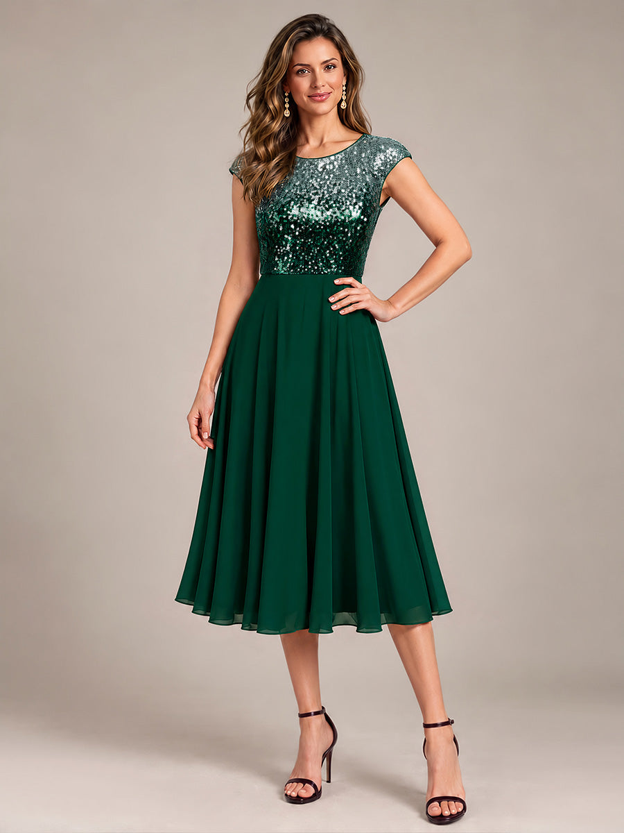 Pailletten A-Linie Cap-Ärmel Hochzeitsgastkleid #Farbe_Grün & Silber