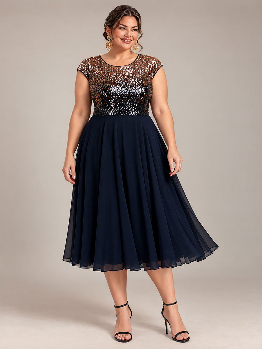 Pailletten A-Linie Cap-Ärmel Hochzeitsgastkleid #Farbe_Marineblau & Champagner
