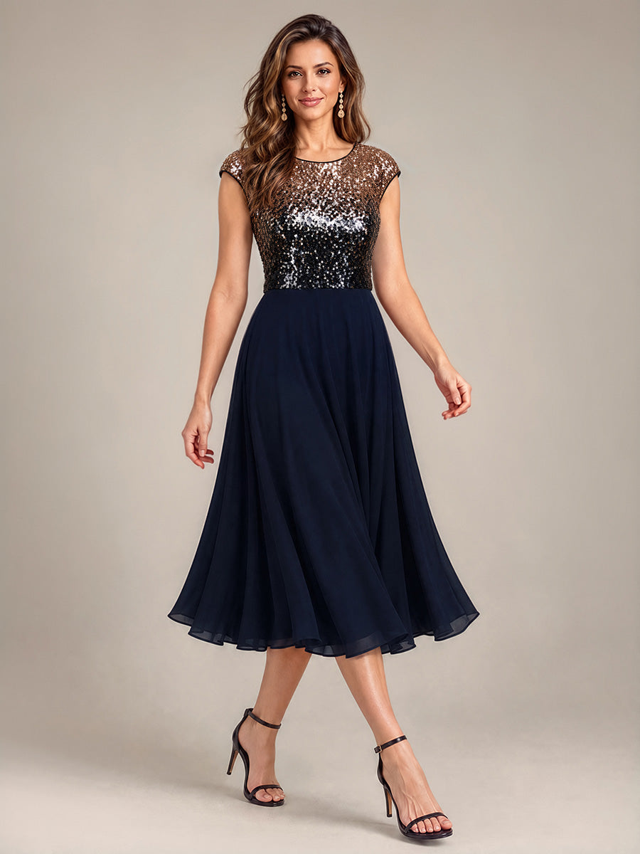 Pailletten A-Linie Cap-Ärmel Hochzeitsgastkleid #Farbe_Marineblau & Champagner